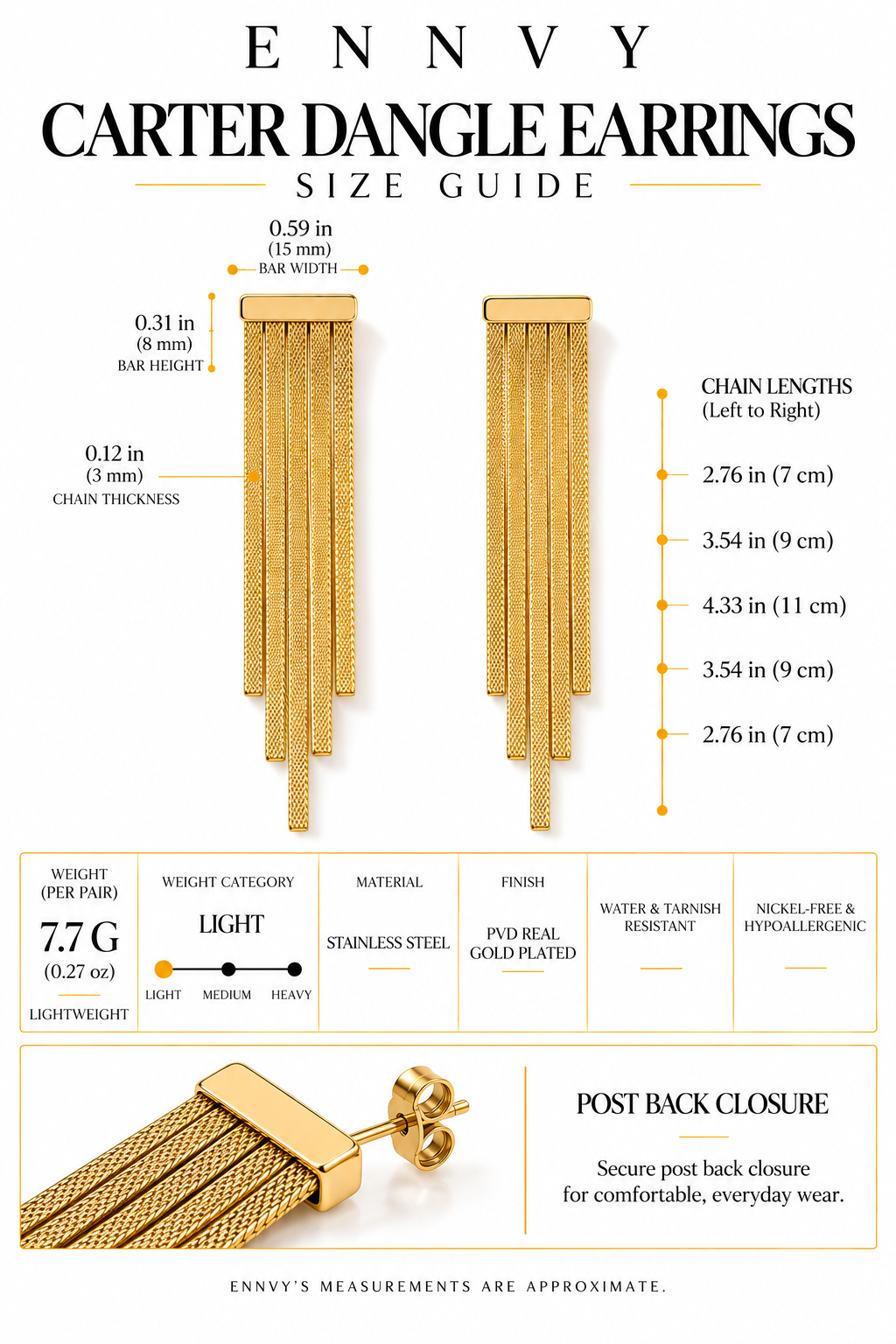 Carter Dangle Earrings, 18K gold-plated dangle earrings with three fluid chain drops, view 7 of 13