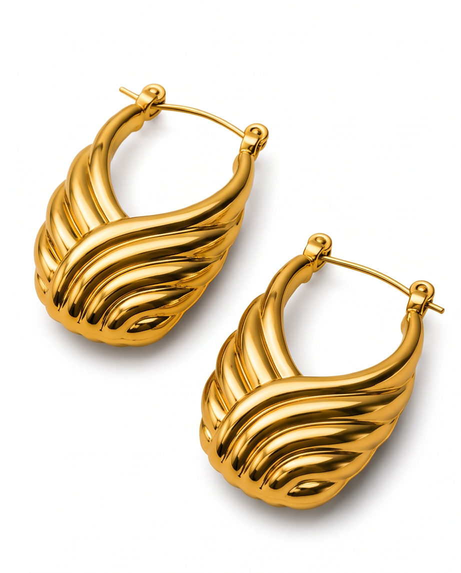 Simply Chic Hoops, 18K gold-plated teardrop hoop earrings with a swirling rib pattern, view 6 of 8