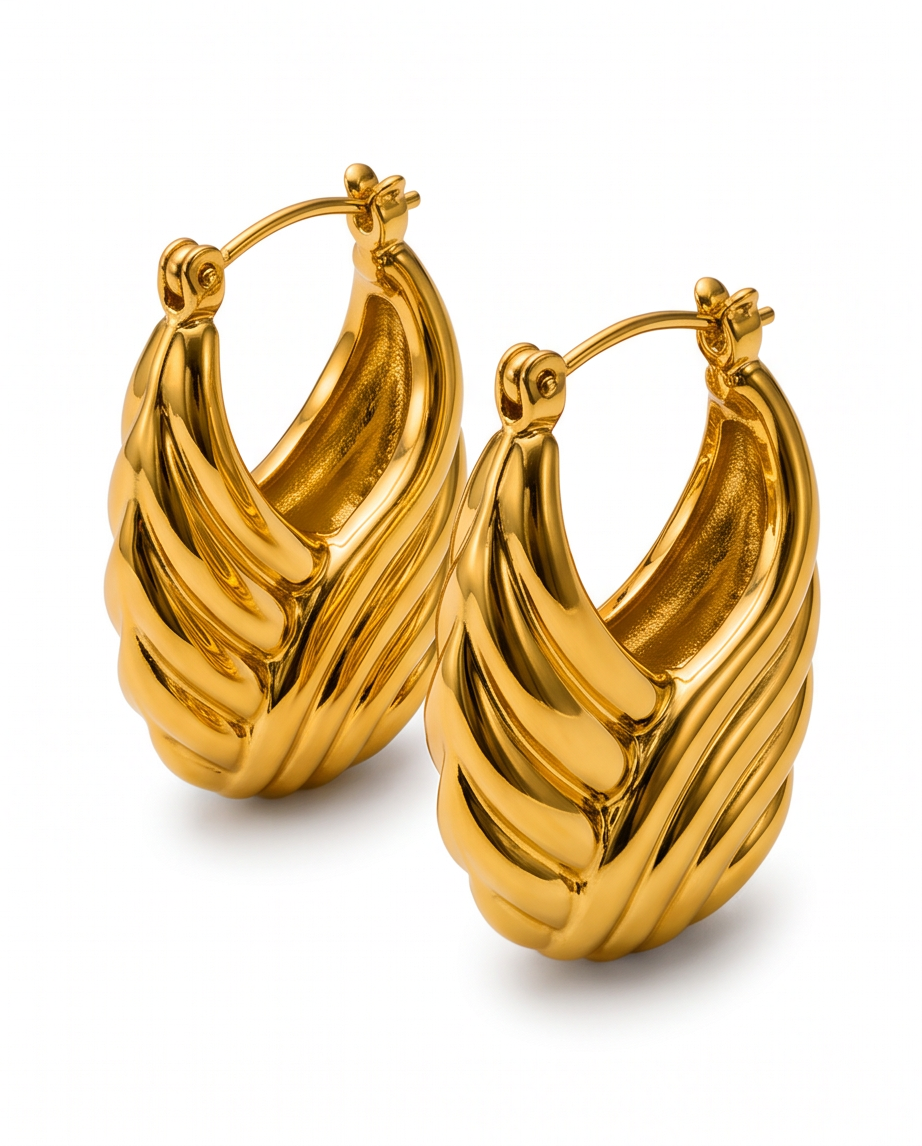 Simply Chic Hoops, 18K gold-plated teardrop hoop earrings with a swirling rib pattern, view 8 of 8