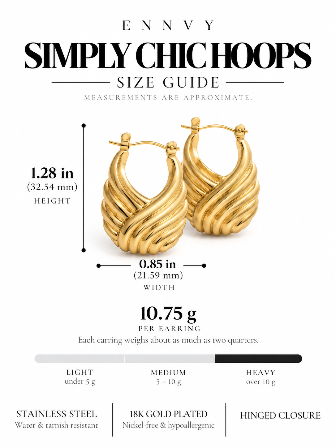 Simply Chic Hoops, 18K gold-plated teardrop hoop earrings with a swirling rib pattern, view 5 of 8