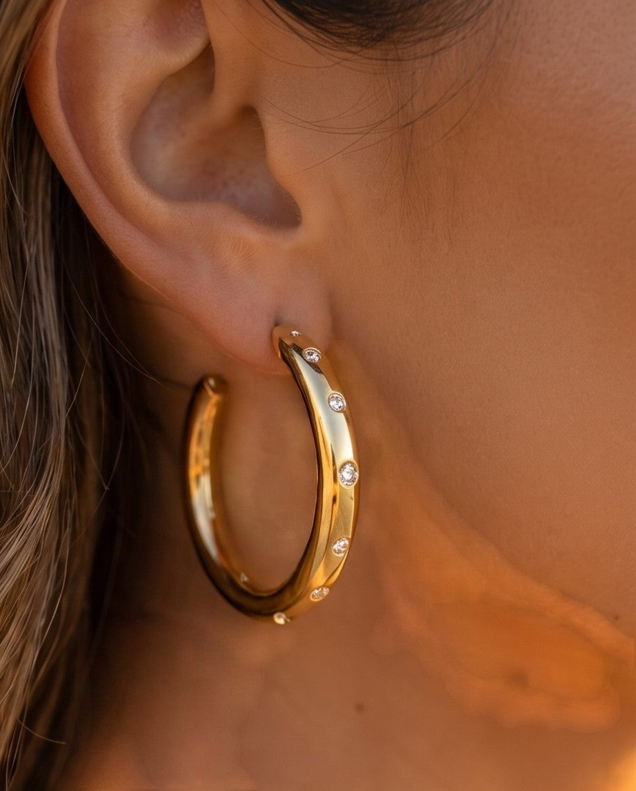 Ennvy Accessories Always Chic Hoops: medium gold-plated hoops with cubic zirconia accents, 1.42 inch diameter.
