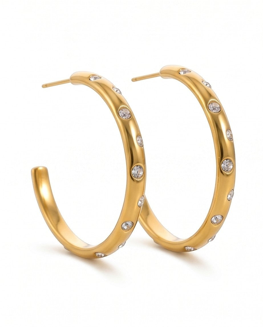 Ennvy Accessories gold-plated stainless steel hoop earrings with cubic zirconia accents, 1.42 inch diameter.