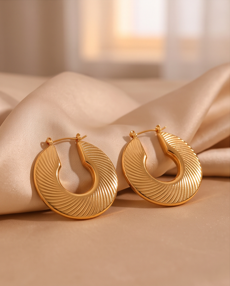 Unmistakably Chic gold hoop earrings on satin