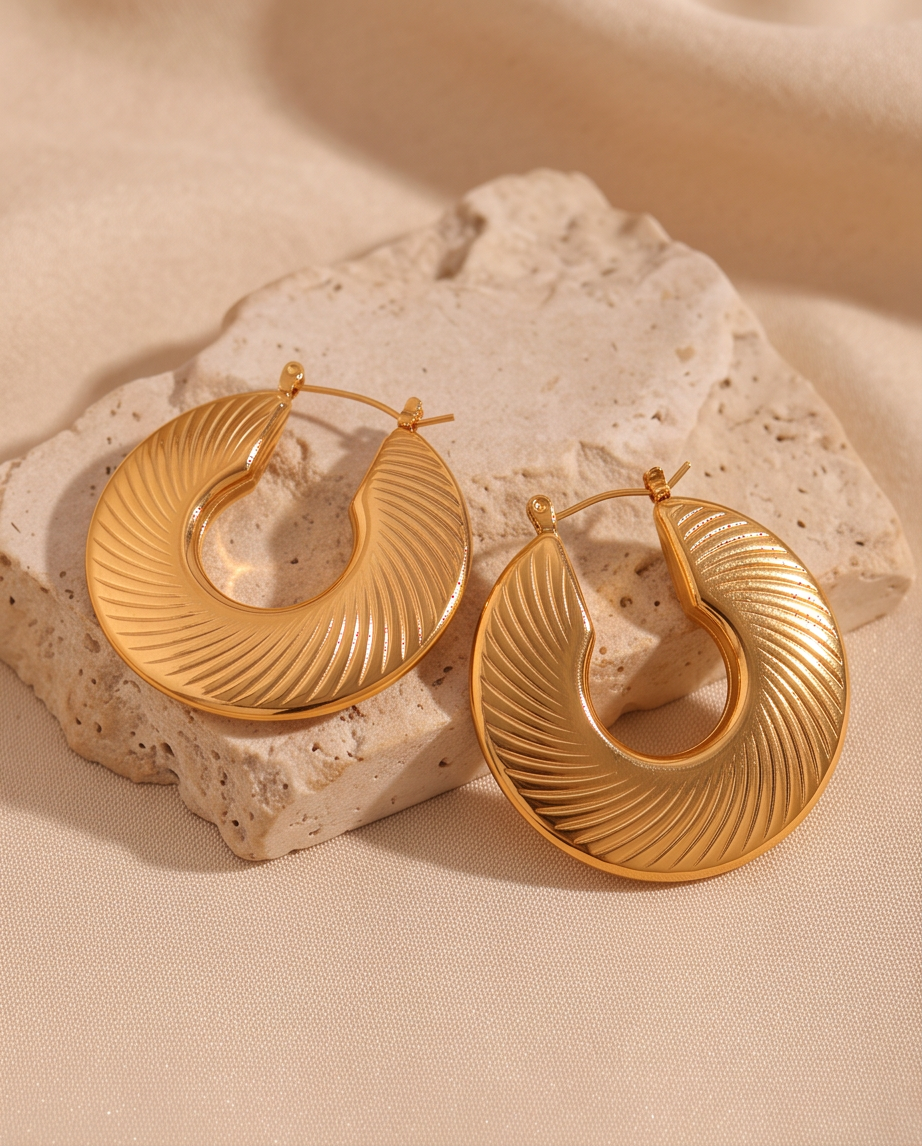 Unmistakably Chic gold hoop earrings displayed on stone